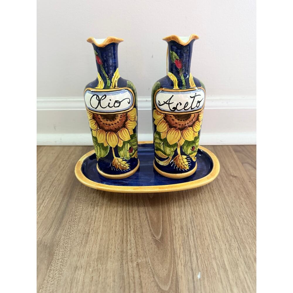 Handmade Set Olive Oil Vinegar Hand painted Sunflower Ladybug Ceramic Bottles